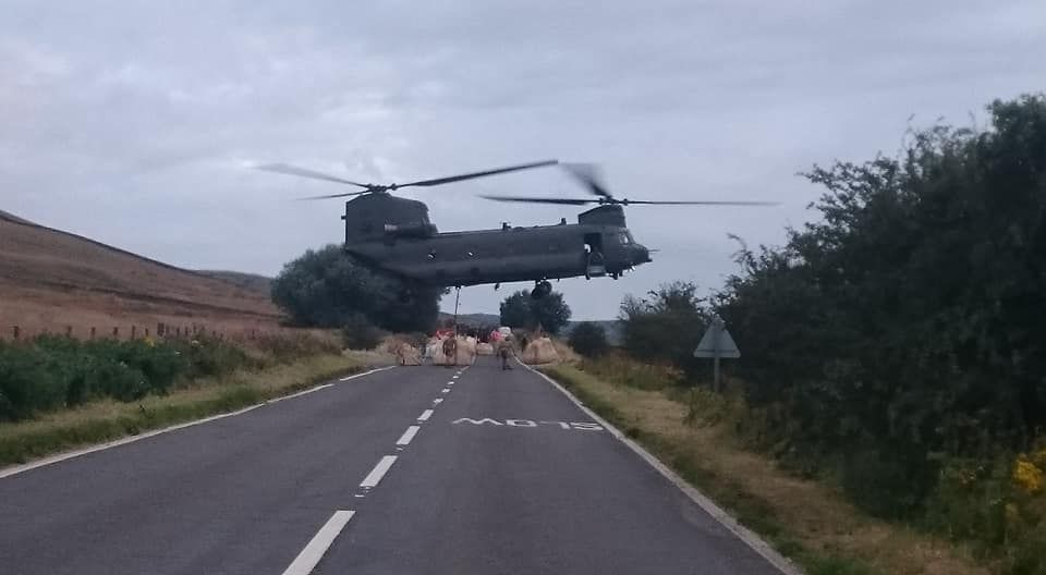 Peak 4x4 Response assisting the Royal Air Force dropping sandbags onto the failing dam at Toddbrook Reservoir in 2019